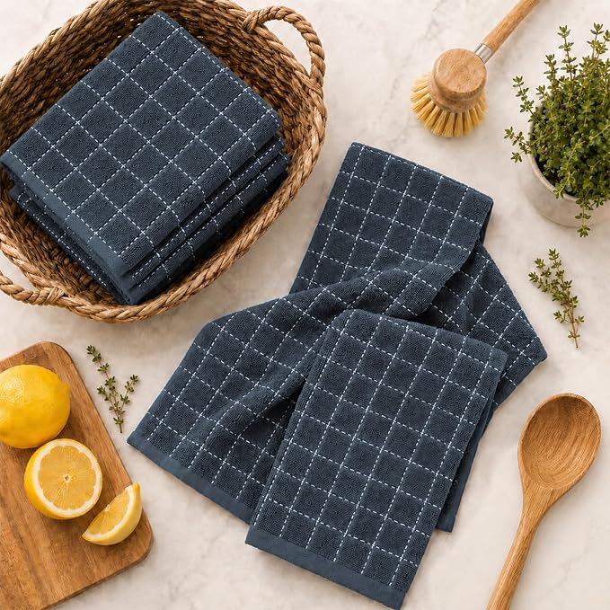 Kitinjoy 100% Cotton Terry Kitchen Towels, 13”x 28”, 6-Pack, Dark Grey | Checkered Designed, Ultra Soft Absorbent Quick Drying Dish Towels - Image 9