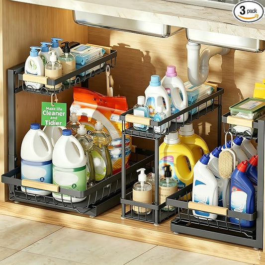 3 Pack Under Sink Organizer, Height Adjustable 2 Tier Pull-Out Metal Under Kitchen Sink Organizer, Multi-Purpose Storage Shelves for Kitchen Bathroom Cabinet by Sevenblue