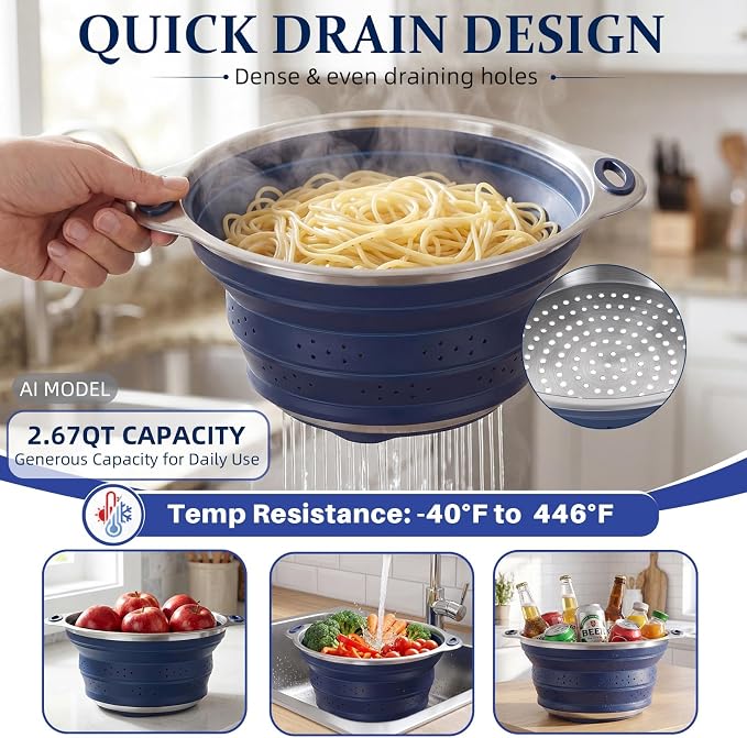 Collapsible Colander Set with Silicone Mat,2-in-1 Stainless Steel Colander for Kitchen, Foldable Metal Colander, Space-Saving for Pasta Veggies Fruit(NAVY BLUE) - Image 6