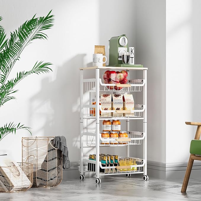 NiuYichee 5-Layer Fruit Basket Kitchen Food Storage Organizer and Storage Rack, Stackable Storage cart with Desktop, Pull-Out Hollow Metal Storage Basket, Wheeled Sorting Rack Spice Rack - Image 2