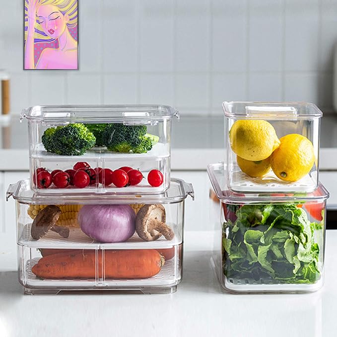 elabo Food Storage Containers Fridge Produce Saver- Stackable Refrigerator Organizer Keeper Drawers Bins Baskets with Lids and Removable Drain Tray for Veggie, Berry and Fruits - Image 9