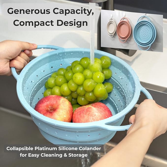 SelectShen™ Collapsible Silicone Colander Set, Stainless Steel Rim (3 Pk) | Heat-resistant, dishwasher-safe platinum silicone strainers. Sturdy stainless steel rim. BPA-free, space-saving, set of 3 - Image 7