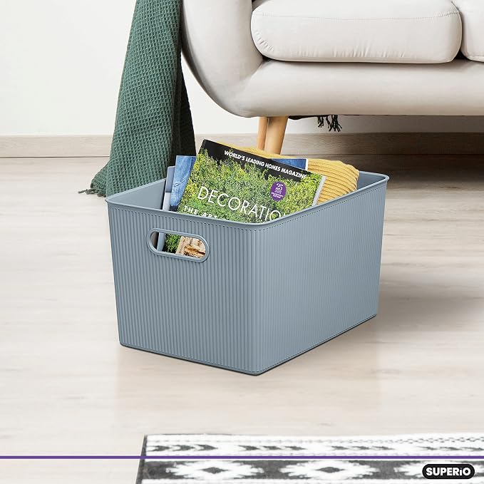 Superio Ribbed Collection - Decorative Plastic Basket Open Home Storage Bins Organizer, Blue (Set of 3) 1 X-Large, 1 Large, 1 Medium - Container Boxes for Organizing Closet Storage Bins for Shelves - Image 5