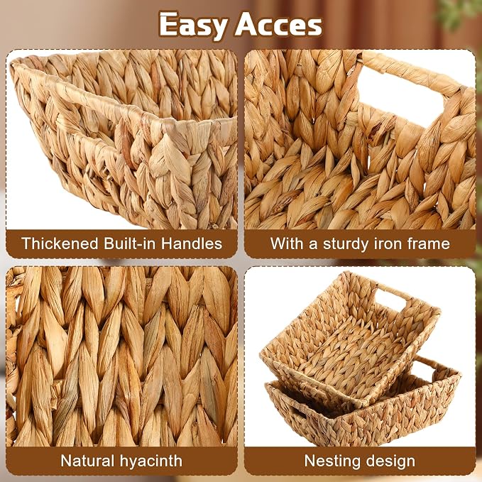 Novabright 4 Pcs Water Hyacinth Storage Baskets 14"L x 10''W x 4.7''H Large Wicker Woven Basket with Handles Pantry Gift Baskets Natural Storage Bins for Organizing Countertop - Image 3