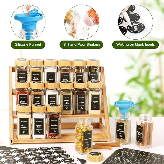 3 Tier Bamboo Spice Rack Organizer with 18 Empty 4 oz Glass Spice Jars | 780 Labels, Wood Shelf, Chalk Marker and Funnel Set for Cabinet Kitchen Countertop - Image 4