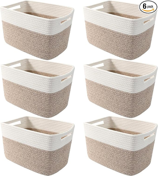 6 Pack Woven Rope Baskets, 12.6"×9"×7.8" Storage Bins, White&Brown | Storage Boxes for Toys, Books, Towels, Clothes, Shelf Baskets Organizer,Empty Gift Baskets for Living Room, Bathroom, Bedroom by HZFTJOY