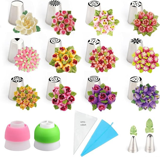 27 Pieces Small Stainless Steel Russian Flower Icing Tips Kit | Cupcake Flower Shaped Frosting Nozzles for Cake Decoration, Stainless Steel Small Russian Piping Tips by ChooYes