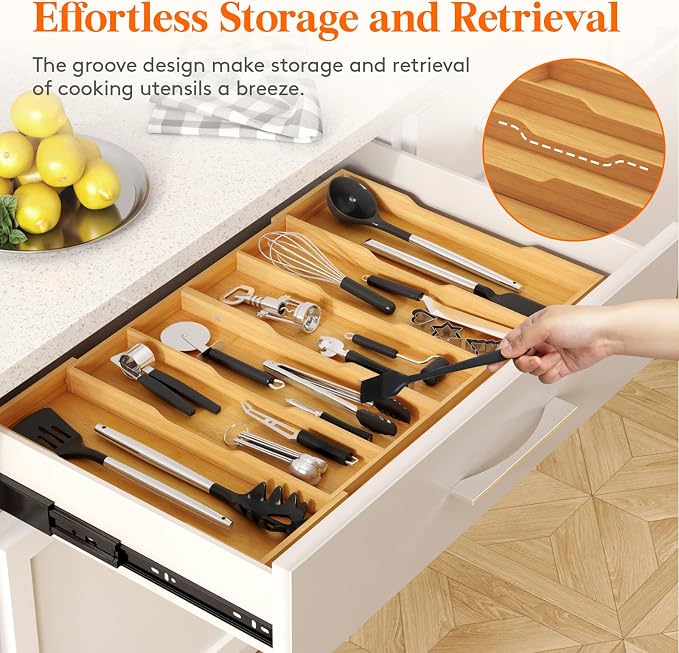 Lifewit Utensil Drawer Organizer, Expandable Kitchen Tool Tray, Wood Adjustable Flatware and Spatula Storage Divider, 17.8-28.3 x 17 x1.8 - Image 7