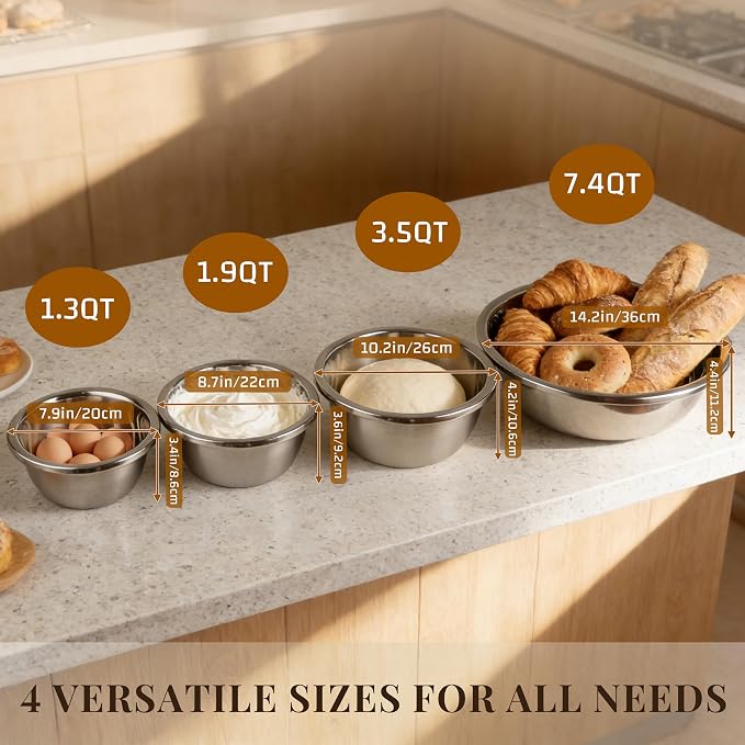 Metal Mixing Bowls Set of 4, Stainless Steel, Nesting | 1.3, 1.9, 3.5 and 7.4 qt sizes with wide rolled rims, flat bases and deep bowls for baking, dough and salad prep - Image 6
