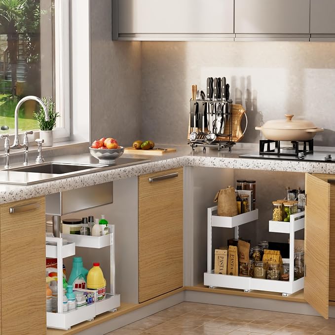 NEWMATIC Adjustable Under Sink Organizer Pull Out Drawers, 2-Tier Slide Out Cabinet Storage Shelf for Kitchen Sink, Height & Width Extendable White, 15''D x 13''-20.5''W x 15''H(1Pack) - Image 6