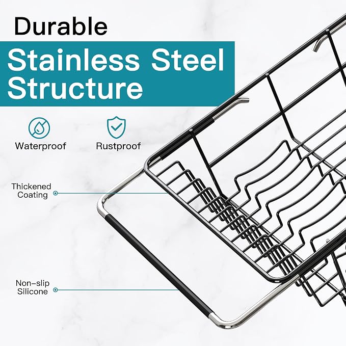 JASIWAY Black Dish Drying Rack in Sink, Dish Drainer with Utensil Holder | Over The Sink Expandable Stainless Steel Strainer Dryer Rack for Small Kitchen, Counter Space Saving, Fast Drain, Rustproof - Image 5