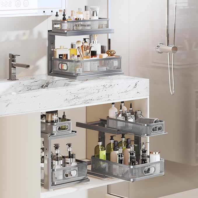2 Pack 15.5IN-Depth Under Sink Organizer With Next-Gen Ball-Bearing Slides,2-Tier Precision Mesh Pull Out Cabinet Storage for Bathroom&Kitchen,Height Adjustable Drawers Shelf,Anti-rust-Grey - Image 7