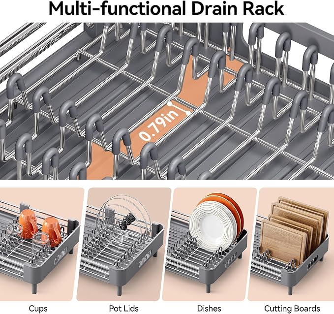 Urackify Extendable Stainless Dish Drying Rack for Kitchen Counter, Gray | 13.78"W x 18.7"L, Foldable Drainboard for Space Saving, Knife and Utensil Holder, Fast-draining Spout - Image 4