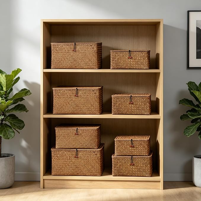 4 Pack, Wicker Baskets with Lids, Natural Seagrass Storage Baskets, Woven Rectangular Basket Bins, Rattan Storage Organizer for Shelf (Coffee, Set of 4) - Image 5