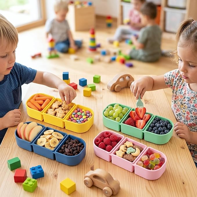 Silicone Reusable Snack Containers with Lids, 4 Pack 3 Compartment Bento Snack Boxes, Leakproof Food Storage Containers for Meal Prep, Lunch, Fruits, Kids & Adults, Dishwasher Safe - Image 3