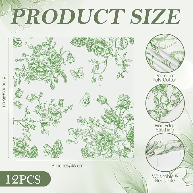 Kochorie 12 Pieces Green Floral Cloth Napkins, 18 x 18 Inch Reusable Soft Fabric Napkins, Washable Flower Dinner Cocktail Napkin for Spring Summer Tea Party Holiday Home Kitchen Wedding Restaurant - Image 2