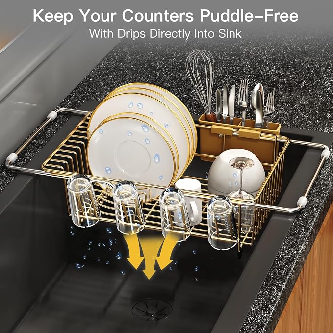 Gold Dish Drying Rack Over The Sink with Utensil Holder | Expandable Stainless Steel Dish Drainer for Small Kitchen, Apartment, RV, Counter Space Saving, Perfect Fit, Rustproof - Image 8