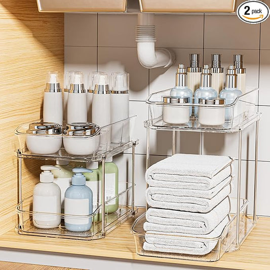 Delamu Bathroom Under Sink Organizers and Storage, 2 Pack, Clear | 2-Tier Multi-Purpose, Stackable, Pull Out Cabinet Kitchen Pantry Organization and Storage with Dividers by DELAMU