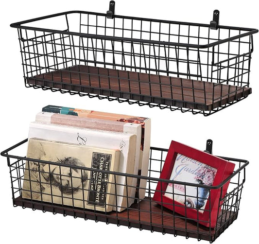 SheeChung [Extra Large Wall Storage Basket, Metal Hanging Basket, Black | Wooden Base & Handle, Wire Farmhouse Food Storage Organizer for Home Kitchen Bathroom Pantry Laundry Closet Garage RV, 2 Pack by SheeChung