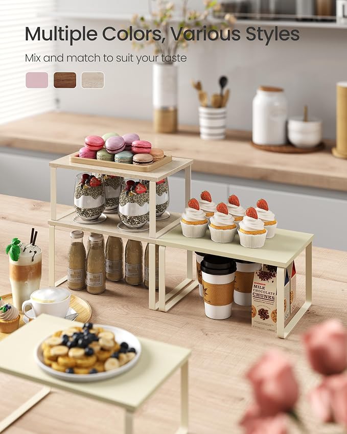 SONGMICS Cabinet Organizer Shelf, Set of 2 Kitchen Counter Shelves, Kitchen Storage, Spice Rack, Stackable, Expandable, Metal and Engineered Wood, 11.7 Inches, Beige & Cream White UKCS020L01 - Image 3
