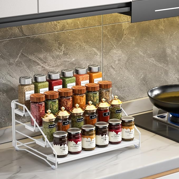 Spice Rack Organizer for Cabinet, Depth Adjustable 4 Tier Spice Rack,1 Pack | White, Metal Spice Organization for Cabinet, Easy Visibility, Tiered Spice Rack Perfect for Cabinet, Pantry and Countertop - Image 2