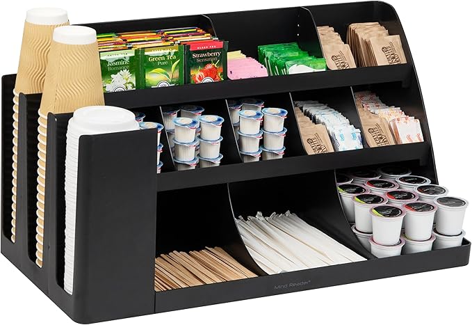 Mind Reader Large Cup and Condiment Station, 14-Compartment Countertop Coffee Organizer for Cups, Lids, Condiments and Supplies, Black by MindReader
