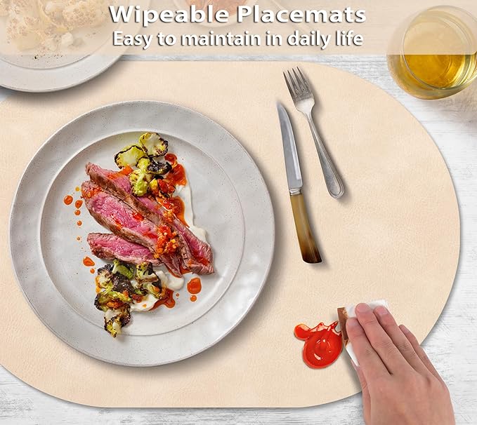 ADRIMER Placemats, Heat Resistant Oval Placemats Set of 4 Washable 12 x 17 Inch, Waterproof Table Mats, Wipeable Pu Place Mats for Kitchen, Dining Room, Beige - Image 3