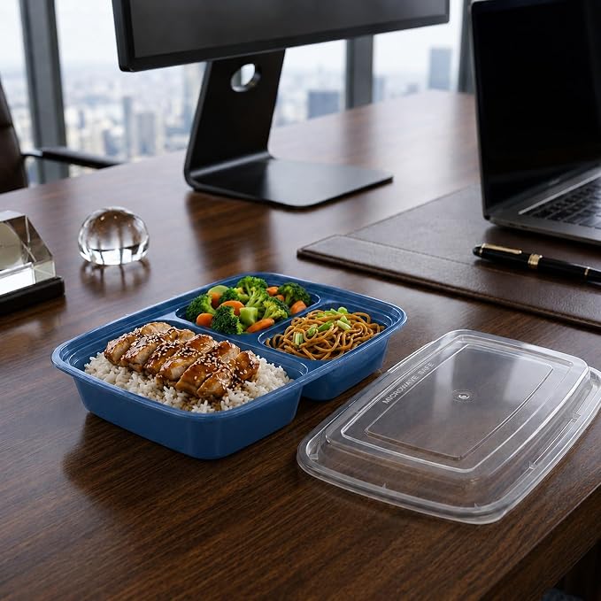 Asporto 26 Ounce Compartment Take Out Boxes, 100 Microwavable Meal Prep Containers - 3 Compartments, With Clear Plastic Lids, Midnight Blue Plastic Food Containers, Do Not Contain BPA - Restaurantware - Image 3