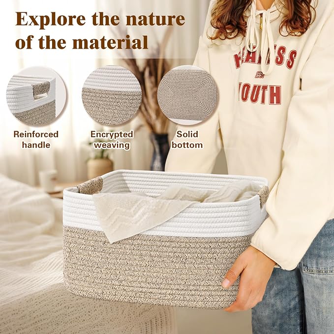 4 Pack Large Storage Basket for Organizing, 17.5"x13"x7" Woven Basket for Shelves, Closet Cube Storage Bins with Wrapped Handle, Cotton Rope Baskets for Kitchen, Clothes, Toys(Off White & Brown) - Image 5