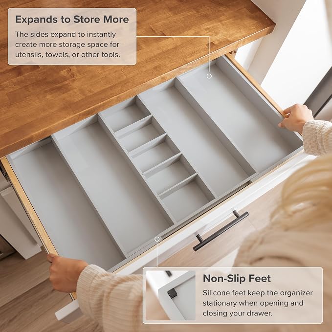 Utensil & Junk Drawer Organizer, 19-33 in, Gray Bamboo | Food-safe contract grade, 100% sustainable wood, non-slip, adjustable - Image 6