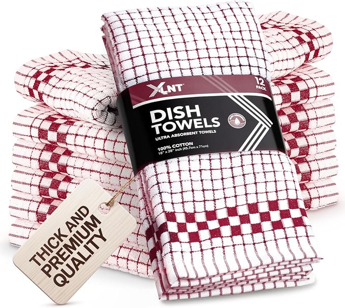 XLNT Highly Absorbent Kitchen Dish Towels 100% Cotton 18x28 inch – Ultra-Thick Dishcloths – Premium Weave for Drying & Cleaning – Soft, Durable & Lint-Free – Pack of 12 Red by XLNT