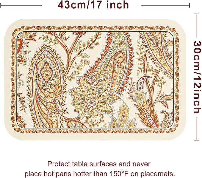 Designer Paisley PVC Placemats Set of 6,Classic Pattern Yelllow Rectangular Placemat, Waterproof and Heat-Resistant Paisley Style, Decoration for Kitchen, Party,Dinning,New Year,12"*17" - Image 6