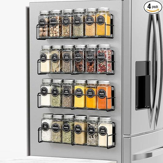 VITEVER Magnetic Spice Rack, 4 Pack, 24 Square Glass Jars with Lids, Quick-Find Pre-Printed Labels, Funnel, Space Saver, Refrigerator and Microwave Oven Organizer by VITEVER