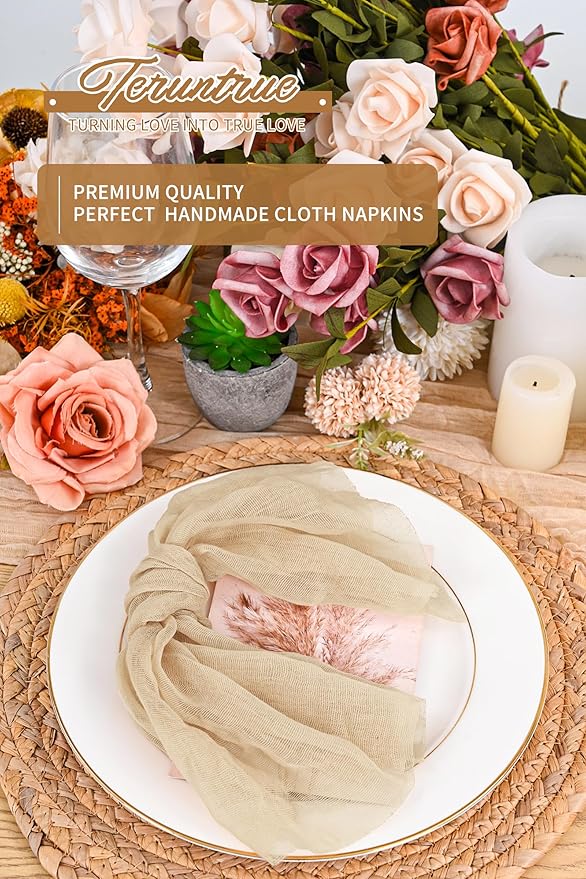 100 Pieces Cloth Napkins Beige Dinner Cheesecloth Napkins for Wedding,Wrinkled Cloth Napkins Bulk for Home Party Rustic Table Decoration, 17 x 17 Inch - Image 5