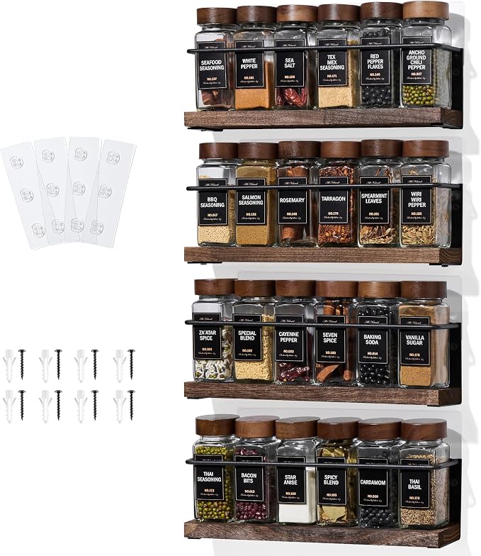 4-Tier Wall Mount Spice Rack Organizer- Screw/Adhesive Mount, Black Metal & Wood Spice Storage for Kitchen Pantry Cabinet, 11.6”L x 2.4”W x 3.2”H, Spice Jars Not Included by KitHero
