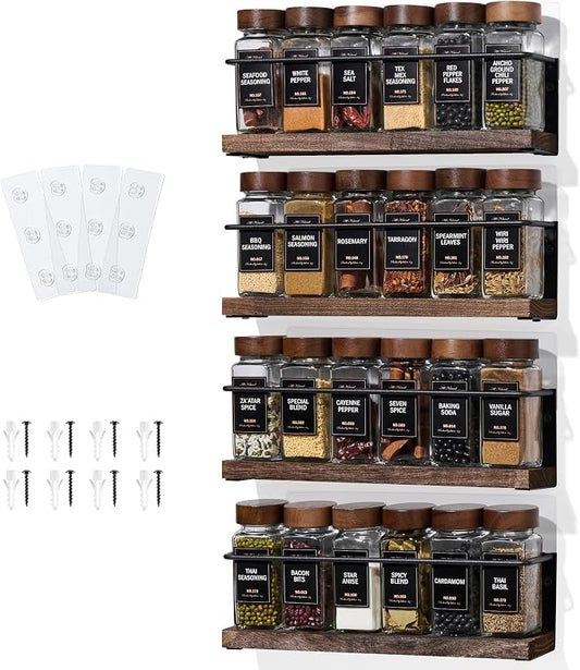 4-Tier Wall Mount Spice Rack Organizer- Screw/Adhesive Mount, Black Metal & Wood Spice Storage for Kitchen Pantry Cabinet, 11.6”L x 2.4”W x 3.2”H, Spice Jars Not Included by KitHero