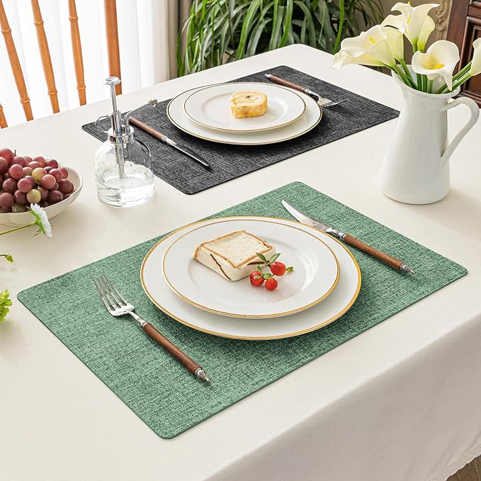 Romanstile Vinyl Placemats Set of 4, Reversible Faux Leather Heat Resistant Wipeable Table Mats, Waterproof Washable Non-Slip Table Placemats for Dining/Kitchen/Outdoor (Grey DarkGreen, 12" x 17") - Image 7