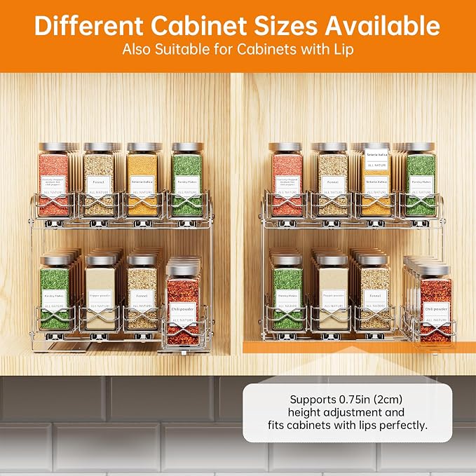 Pull Out Spice Rack,2 Tier Sliding Drawer, Height Adjustable Spice Rack | Chrome, Tape or Screw Mount Available, Fits 4oz Spice Jars Up to 2.0 Inch Diameter for Kitchen Cabinets and Pantry - Image 6