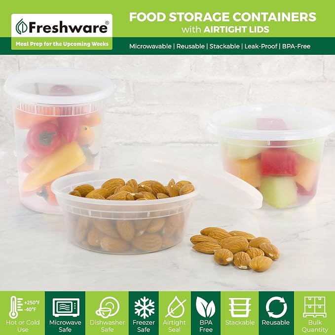 Freshware Food Storage Containers with Lids [60 Pack 8, 16, 32 oz, 20 sets each size] Plastic Deli Containers, Meal Prep Containers, Microwave and Freezer Safe, Stackable, Leakproof, BPA Free, Clear - Image 2