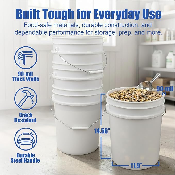 5 Gallon Bucket - Food Grade w/Lid BPA-Free,6 Pack -Natural | Airtight Gasketed Tear Strip Lid, Heavy-Duty 90 Mil HDPE Plastic Pail, Bulk Storage, Food Safe Durable Container, Made in USA - Image 4