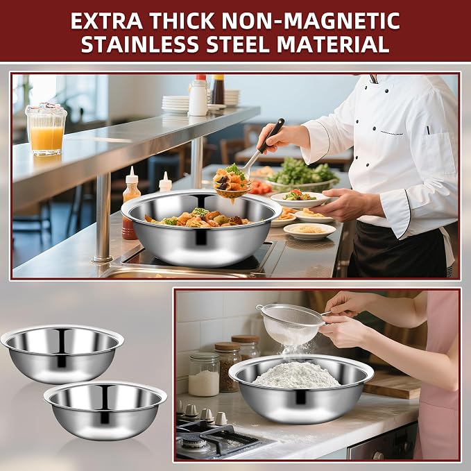 6 Pcs Stainless Steel Mixing Bowls Metal Mixing Bowls Extra Large Basin Salad Bowl with Deeper Edge, Dishwasher Safe, Mirror Finish for Home and Commercial, Silver (18 Inch 16 Qt) - Image 6