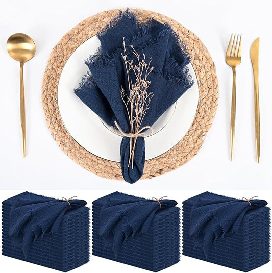 50 Pack Navy Blue Cloth Napkins, 16 x 16 Inch Cotton with Fringe Settings | Handmade washable reusable cotton dinner napkins in bulk for weddings, parties, rustic boho table settings by FXKS
