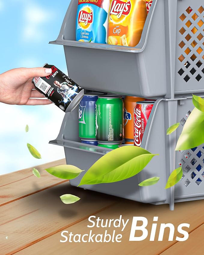 Skywin Stackable Storage Bins Open Front for Pantry Storage, 4 Pack - Grey | Sturdy Plastic, Easy Stacking, Open Front Access, Ventilated Sides, Vertical & Space Saving Pantry Organizers and Storage Bin - Image 6