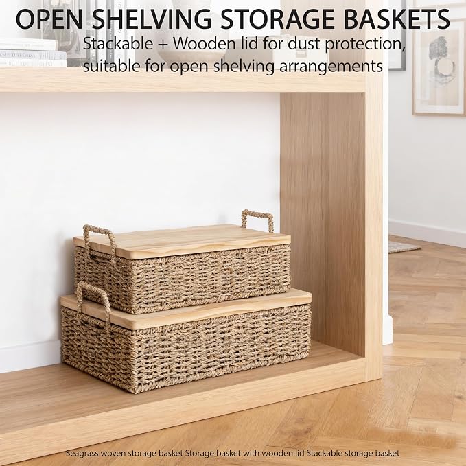Woven Seagrass Wicker Storage Basket Set of 2 with Wooden Lids | Stackable Basket with Handles, Rectangular Decorative Basket for Shelves Home, Closet & Desktop Organization - Image 2