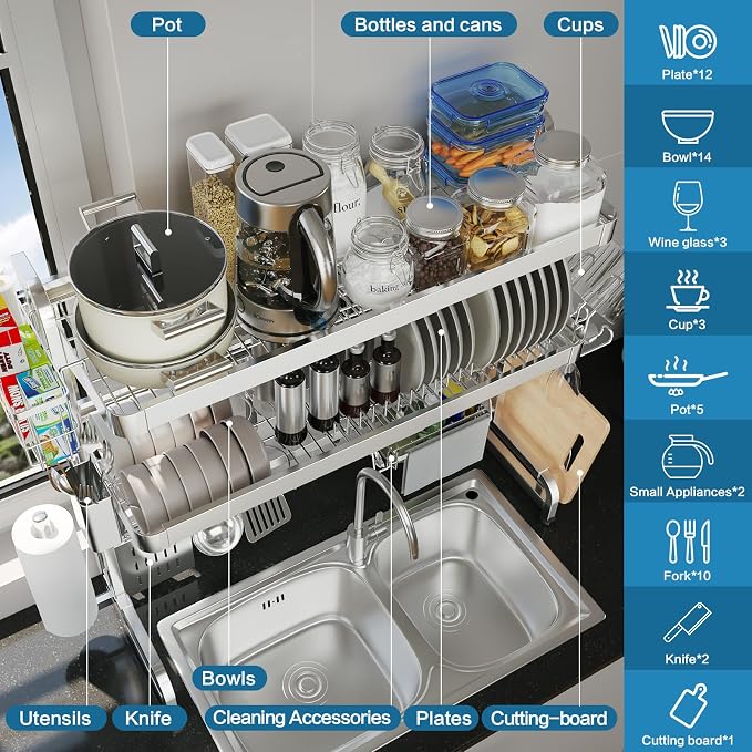 LIVOD Over The Sink Dish Drying Rack,3 Tier Adjustable Length Full Stainless Steel Large Storage Kitchen Dish Rack,for Kitchen Counter Expandable Multifunctional Organizers,Silver (25.5'' to 37.6'') - Image 2