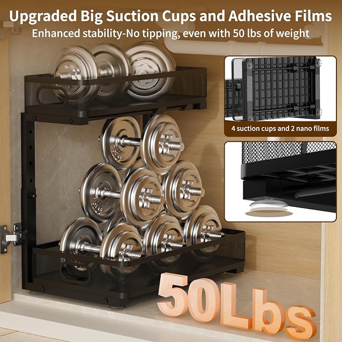 Under Sink Organizer 2 Pack, 2-Tier Slide Out Cabinet Organizer with Metal Sliding Drawer and Hooks, Pull Out Storage Baskets for Kitchen Bathroom Pantry Cabinet Organization (black) - Image 7