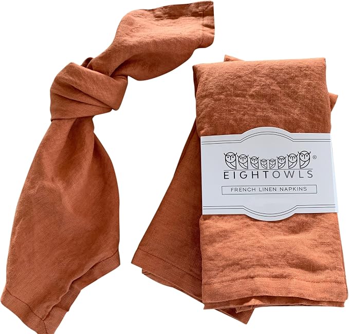 Linen Napkins –100% French Flax – Stonewashed Pure Linen Cloth Napkins - Size 18 Inch x 18 Inch – Set of 4 (Rustic Orange) by EightOwls