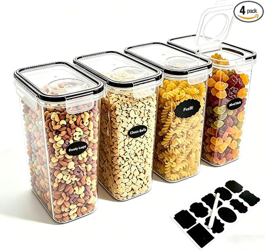 4pcs 4L Airtight Plastic Canisters, Kitchen Pantry Dry Food Storage | 4pk 4L airtight canisters, tight sealed lids lock out moisture. Premium plastic, stackable for all kitchen dry foods by stusgo