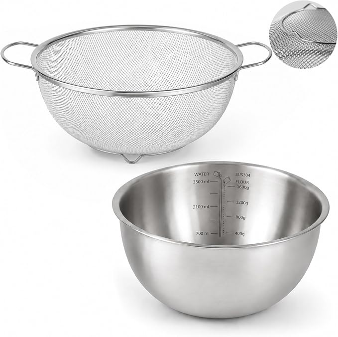18/8 Stainless Steel Fine Mesh Colander Set, 3.5Qt | Includes 1 mixing bowl with built-in measurement marks and 1 fine 20-mesh strainer for rinsing, mixing, and draining. by JULIPRO