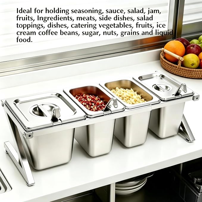 Telescoping Pizza Topping Station Container Food Prep Condiment Holder | Stainless Steel Container Set Spice Rack with 4 Pans & 4* Spoons & Lids, Food Truck Kitchen Buffet Pizza Oven Accessories - Image 2